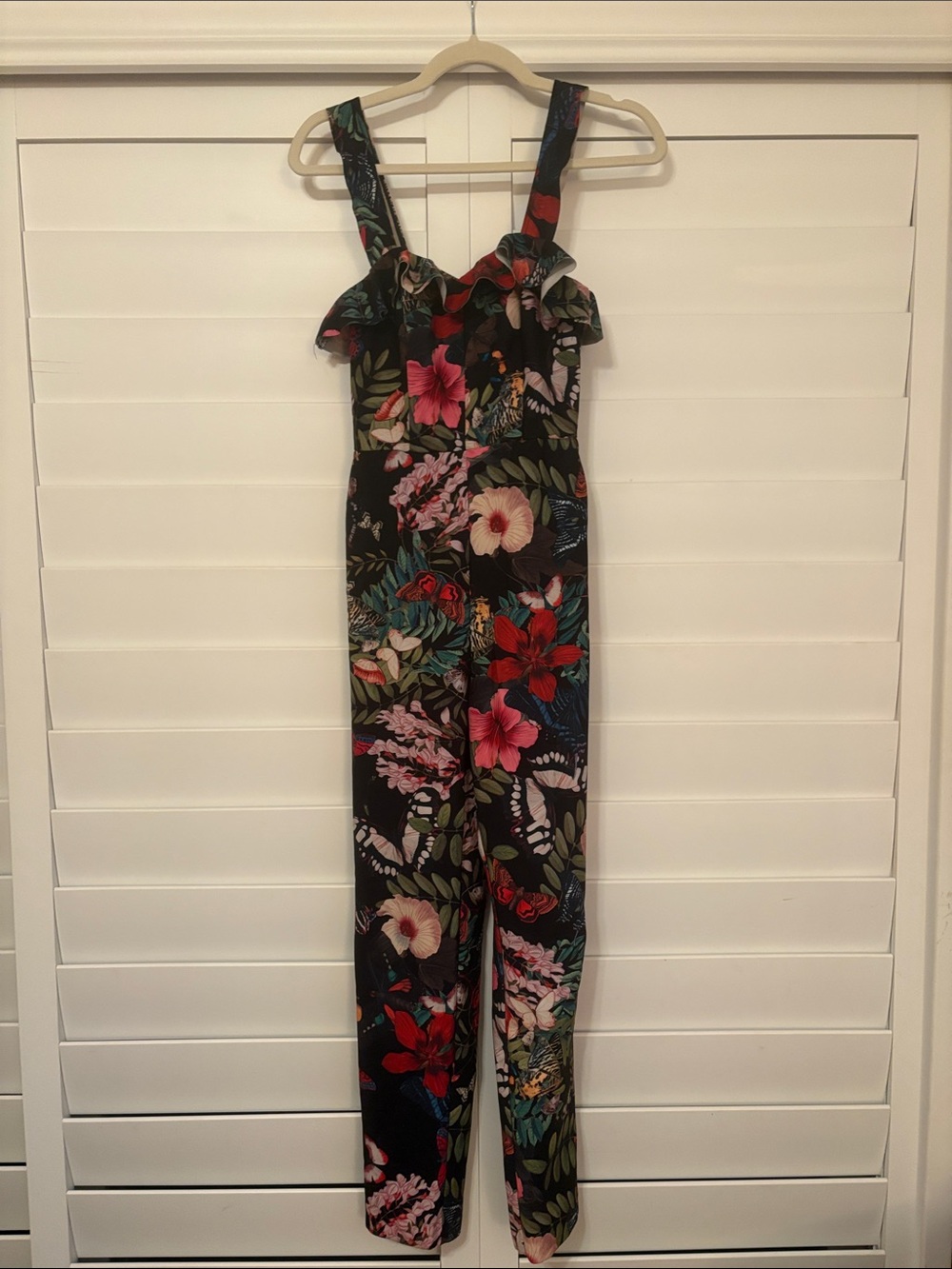 Floral Ruffle-Strap Jumpsuit in Black with Multicolor Print
